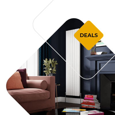 White vertical radiator on deal in a slick black living room with a brown sofa